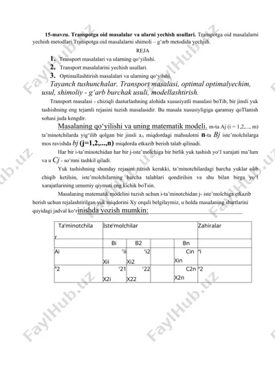 transport masalalari va ularni yechish usullari — DOCX