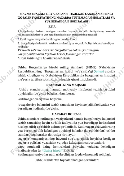 buxgalteriya balansi tuzilgan sanadan keyingi xo‘jalik faoliyatining nazarda tutilmagan holatlari va yuz beradigan hodisalari — DOCX