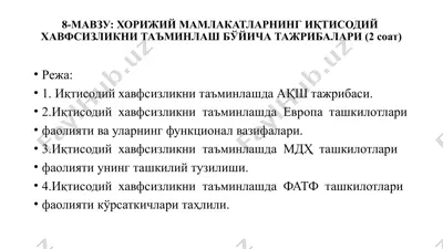 иқтисодий хавфсизликни таъминлаш бўйича тажрибалар — PPTX