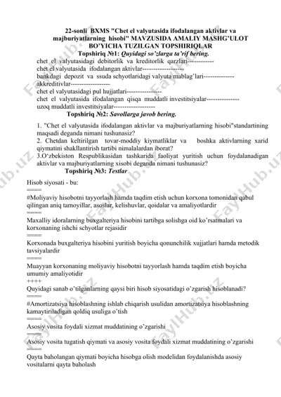 "chet el valyutasida ifodalangan aktivlar va majburiyatlarning hisobi" mavzusida amaliy mashg’ulot bo’yicha tuzilgan topshiriqlar — DOCX