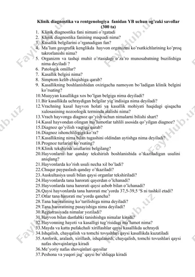 klinik diagnostika va rentgenologiya fanidan yb uchun og’zaki savollar (300 ta) — DOCX