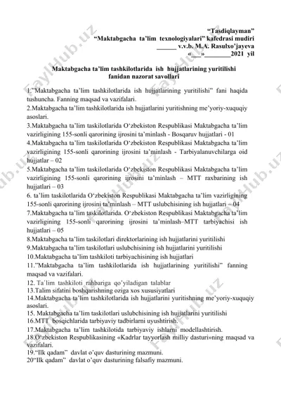 maktabgacha ta’lim tashkilotlarida ish hujjatlarining yuritilishi fanidan nazorat savollari — DOCX