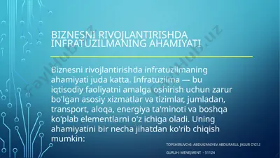 biznesni rivojlantirishda infratuzilmaning ahamiyati — PPTX
