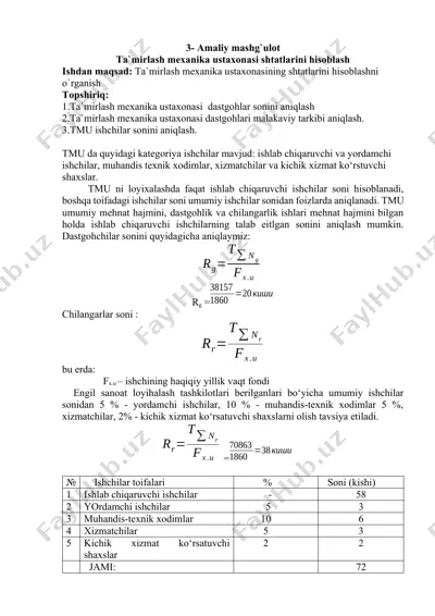 ta`mirlash mexanika ustaxonasi shtatlarini hisoblash — DOCX