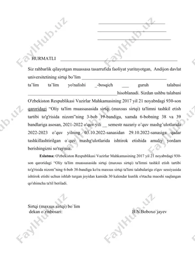 oliy ta'lim muassasasida sirtqi ta'limni tashkil etish tartibi to'g'risida nizom — DOCX
