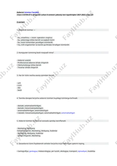 biotexnik tizimlar yakuniy test topshiriqlari 2021-2022 o’quv yili — DOCX