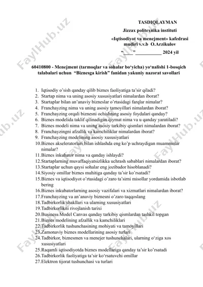 "biznesga kirish" fanidan yakuniy nazorat savollari — DOCX