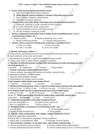 btm va sport yo‘nalishi 4-kurs talabalari uchun yakuniy nazorat test savollari i-variant — DOCX