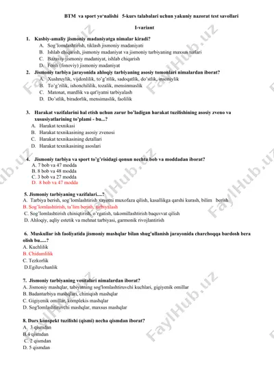 btm va sport yo‘nalishi 5-kurs talabalari uchun yakuniy nazorat test savollari — DOCX
