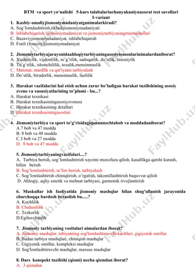 btm va sport yo‘nalishi 5-kurs talabalari uchun yakuniy nazorat test savollari — DOCX