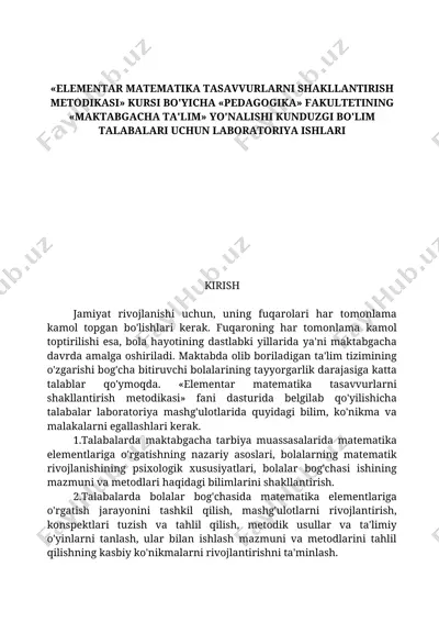 "elementar matematika tasavvurlarni shakllantirish metodikasi" kursi — DOCX