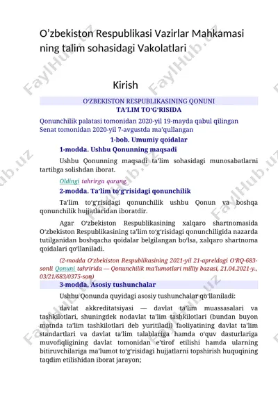 o'zbekiston respublikasi vazirlar mahkamasi ning talim sohasidagi vakolatlari — DOCX