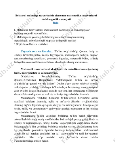 matematik tasavvurlarni shakllantirish metodikasi — DOCX