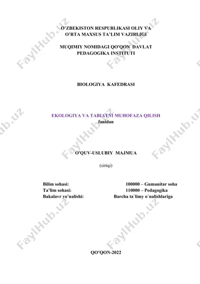 o’quv-uslubiy majmua “ekologiya va tabiatni muhofaza qilish” fanidan — DOCX