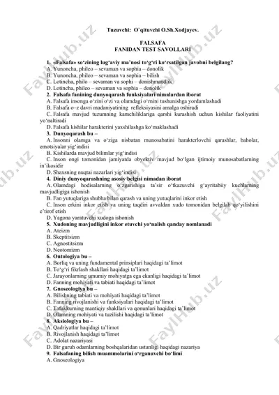 falsafa fanidan test savollari — DOCX