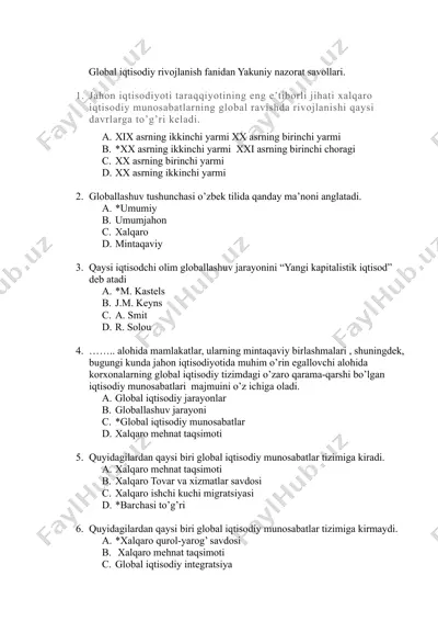 global iqtisodiy rivojlanish fanidan yakuniy nazorat savollari — DOCX