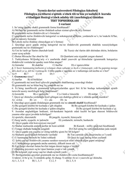o'zbek tili morfologiyasi test topshiriqlari — DOCX