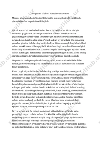 maktabgacha taʼlim tashkilotlarida bolalar hayotini tashkil qilish — DOCX