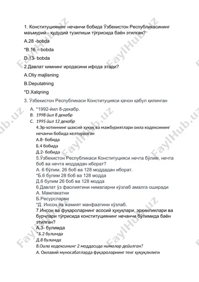 o‘zbekiston respublikasi konstitutsiyasi mavzusida test savollar — DOCX