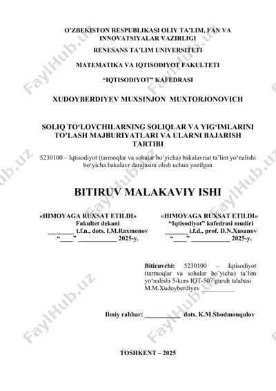 soliq toʻlovchilarning soliqlar va yigʻimlarini toʼlash majburiyatlari va ularni bajarish tartibi — DOCX