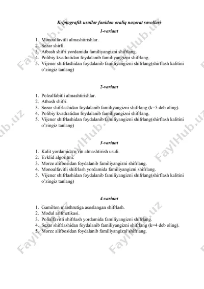 kriptografik usullar fanidan oraliq nazorat savollari — DOCX