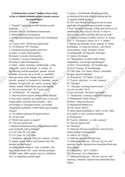 leksikografiya asoslari fanidan 4-kurs sirtqi ta’lim yo’nalishi talabalari uchun yakuniy nazorat test topshiriqlari — DOCX