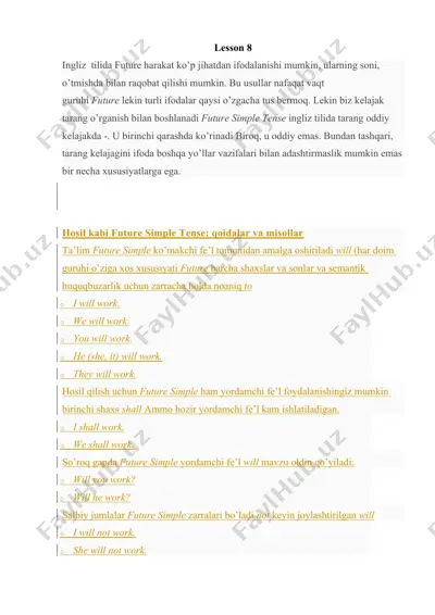 future simple tense: qoidalar va misollar — DOCX