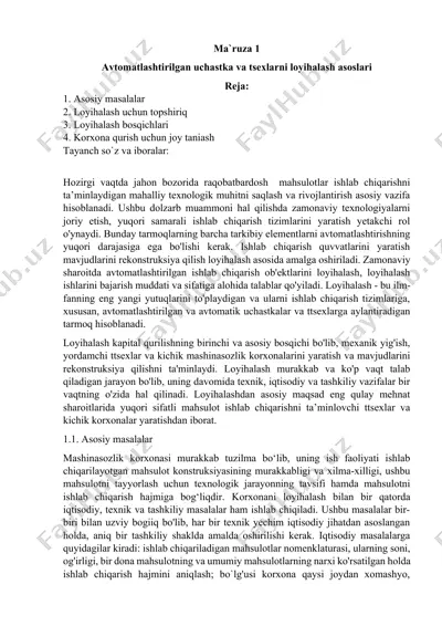 avtomatlashtirilgan uchastka va tsexlarni loyihalash asoslari — DOCX