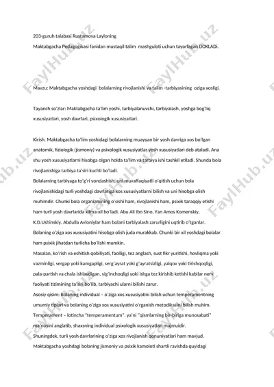 maktabgacha pedagogikasi fanidan mustaqil talim mashguloti dokladi — DOCX