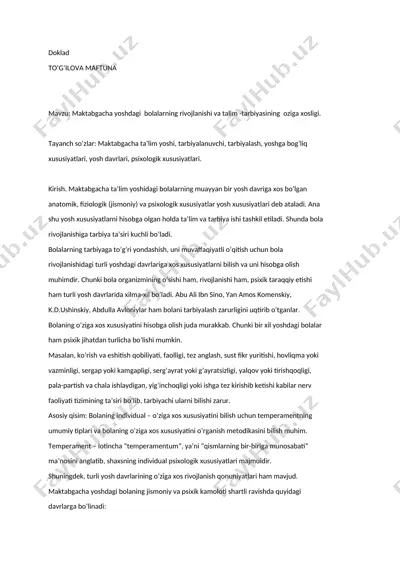 maktabgacha yoshdagi bolalarning rivojlanishi va talim-tarbiyasining oziga xosligi — DOCX