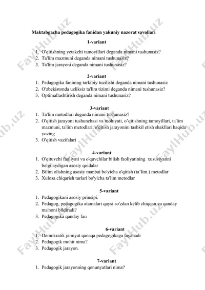maktabgacha pedagogika fanidan yakuniy nazorat savollari — DOC