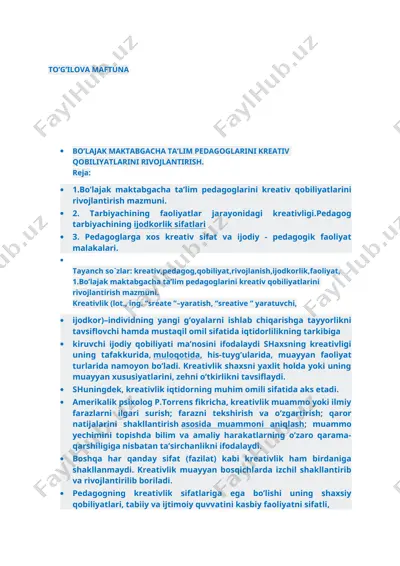 bo'la jak maktabgacha ta'lim pedagoglarini kreativ qobiliyatlarini rivojlantirish — DOCX