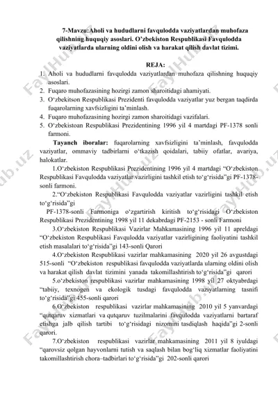 aholi va hududlarni favqulodda vaziyatlardan muhofaza qilishning huquqiy asoslari — DOCX
