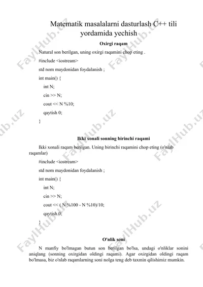 matematik masalalarni dasturlash c++ tili yordamida yechish — DOCX