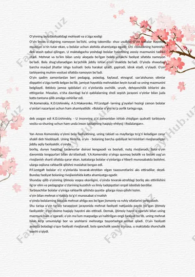 o'yin insonlik sifatidagi mohiyati va o'ziga xosligi — DOCX
