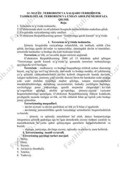 terrorizm va xalqaro terroristik tashkilotlar. terrorizm va undan aholini muhofaza qilish — DOCX