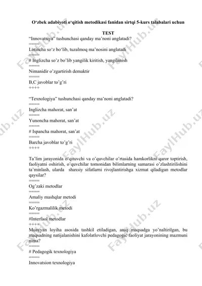 o‘zbek adabiyoti o‘qitish metodikasi fanidan sirtqi 5-kurs talabalari uchun — DOCX