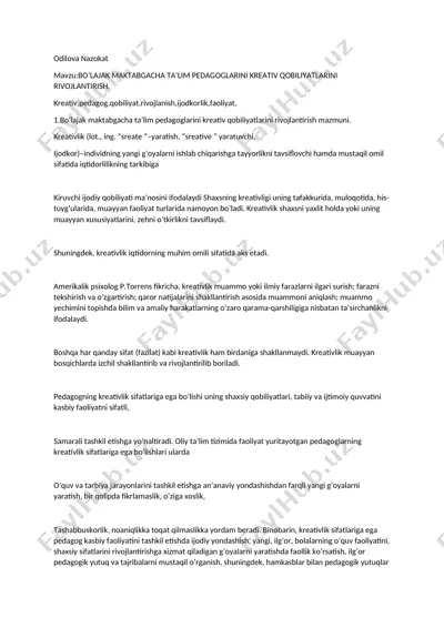 bo’lajak maktabgacha ta’lim pedagoglarini kreativ qobiliyatlarini rivojlantirish — DOCX