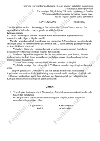 7-b sinfda "polimer metal birikmalardan buyumlar yasash" mavzusida o'tgan 1-soatlik ochiq dars tahlili — DOC