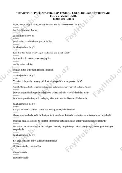 hayot faoliyati xavfsizligi fanidan 2-oraliq nazorat testlari — DOC