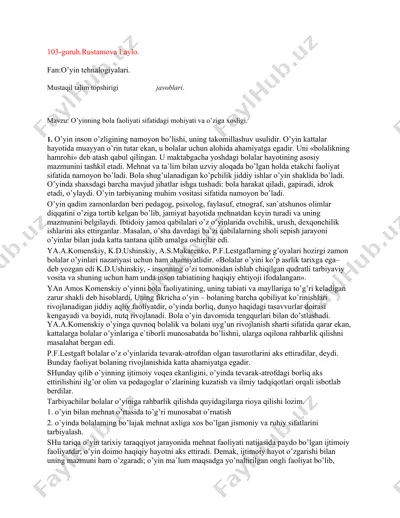 o'yin tehnologiyalari: o'yinning bola faoliyati sifatidagi mohiyati va o'ziga xosligi — DOCX