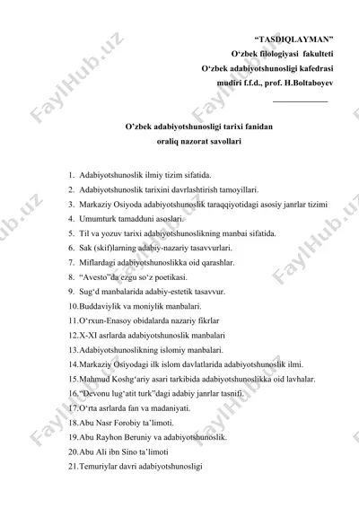 o‘zbek adabiyotshunosligi tarixi fanidan oraliq nazorat savollari — DOCX