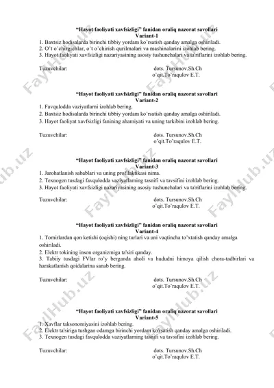 "hayot faoliyati xavfsizligi" fanidan oraliq nazorat savollari — DOCX