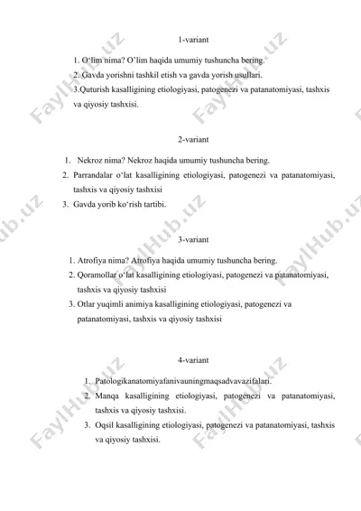 patologiya va patologik anatomiyani o'rganish uchun variantlar — DOCX