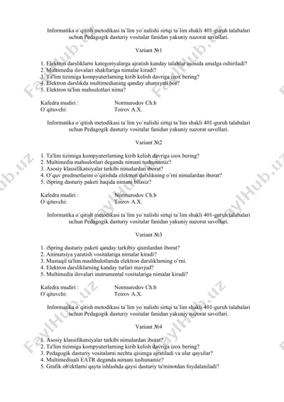 informatika o`qitish metodikasi ta`lim yo`nalishi sirtqi ta`lim shakli 401-guruh talabalari uchun pedagogik dasturiy vositalar fanidan yakuniy nazorat savollari — DOCX