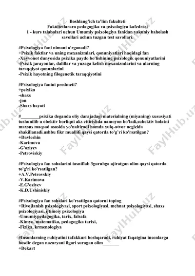 umumiy psixologiya fanidan yakuniy baholash savollari — DOCX