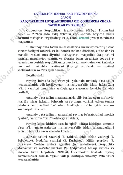 xalq ta'limini rivojlantirishga oid qo'shimcha chora-tadbirlar — DOCX