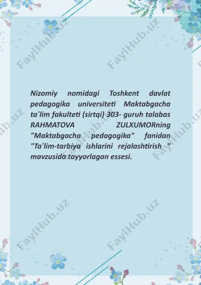 tarbiyachi o’zining kalendar rejasiga mashg’ulotning nomi va dastur mazmunini yozadi — DOCX