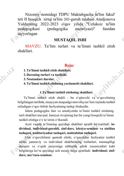 taʼlimni tashkil etishning shakllari — DOCX