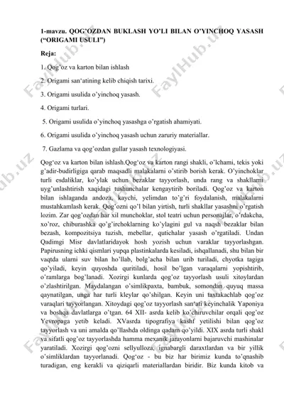 qog’ozdan buklash yo’li bilan o’yinchoq yasash (“origami usuli”) — DOCX